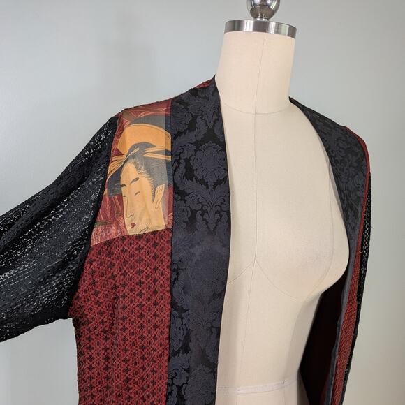 Y2K Patchwork Cardigan Topper Jacket Red Black Artsy Eclectic Lace Mesh Asian - Picture 6 of 11